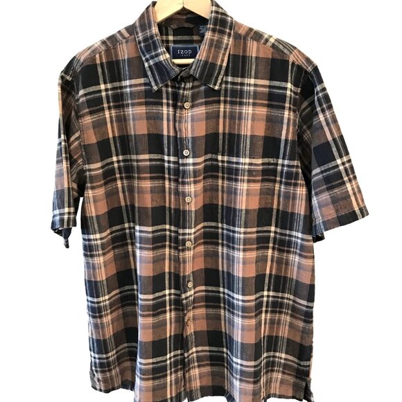 Izod Linen Blend Men's Shirt: Short-Sleeved Button-Down Brown Plaid, Size L - Picture 1 of 10